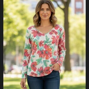 ESCAPE 100% Cotton Floral V-Neck Top - Vibrant Pink & Orange - Size L
